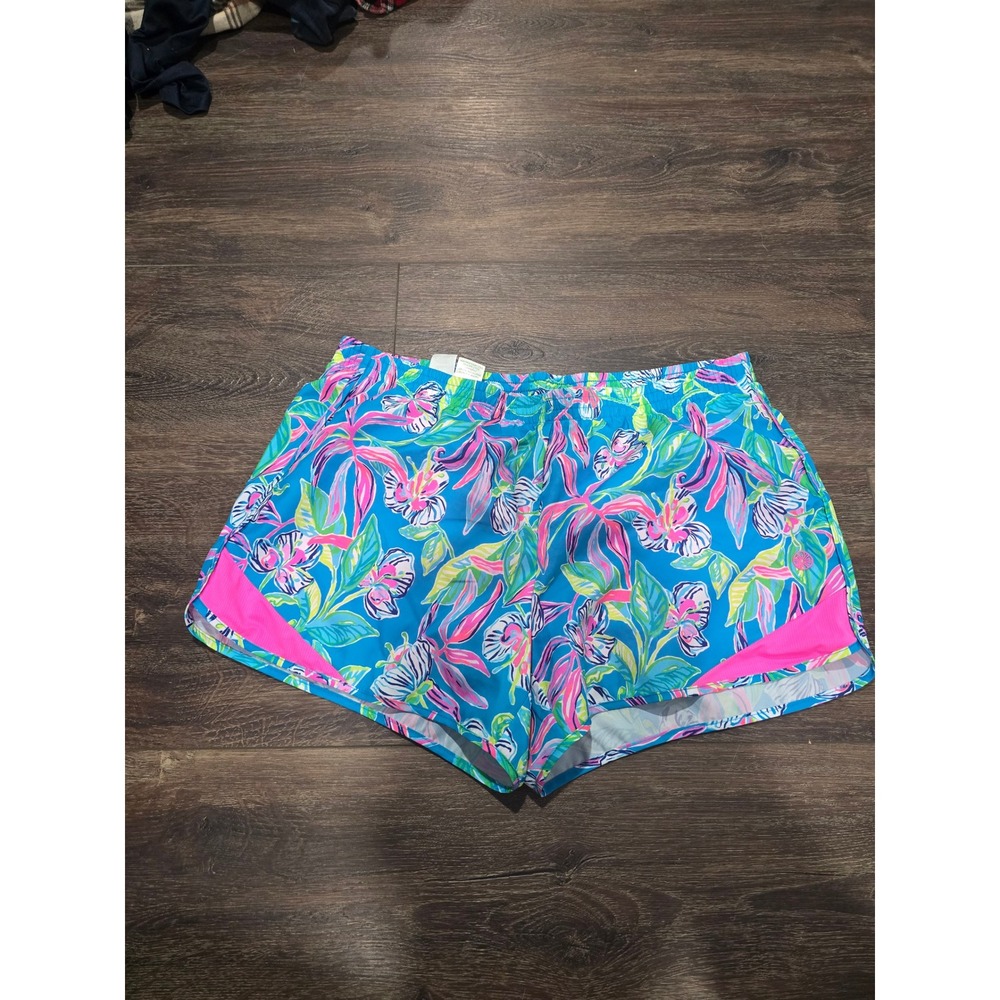 Lilly Pulitzer Luxletic Ocean Trail Shorts Blue Pink Floral Tropical Womens M